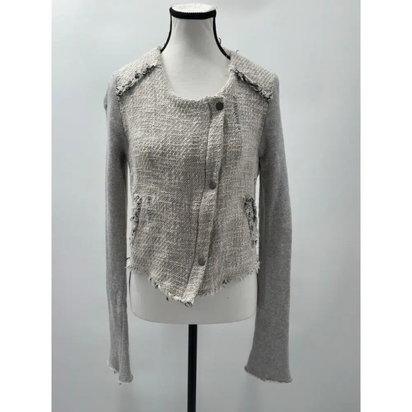 We The Free Women's Gray Tweed Crop Moto Jacket Frayed Hem 100% Cotton Size 6 - Picture 1 of 8
